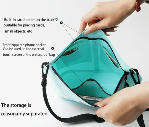 Vista 2 de IPX7 - Bolsa seca impermeable con bolsillo para pantalla táctil, bolsa de hombro hermética flotante con ranuras para tarjetas, material resistente