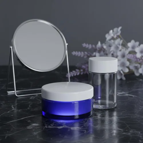 Vista 7 de Tarro de perfil bajo recargable de plástico PET azul cobalto de 8 onzas con tapa blanca (paquete de 6)