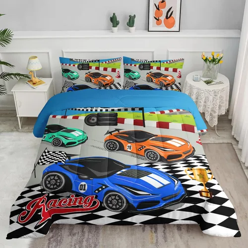 Vista 35 de Juego de edredón para niños Axolotl, tamaño individual, juego de ropa de cama con diseño de autos de carreras para niños, niñas, adolescentes