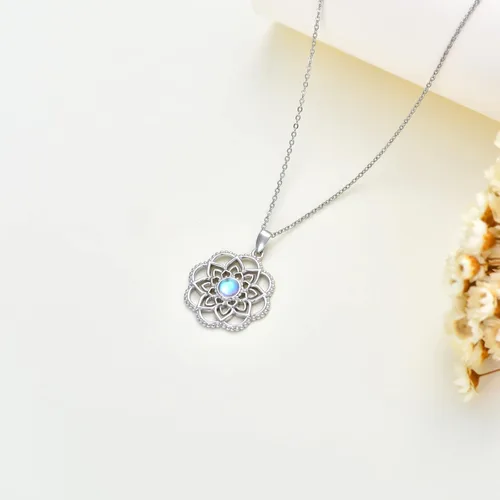 Vista 6 de YOSOPRETTY Lotus Necklace 925 Sterling Silver Lotus FlowerLotus Fish Crystal Pendant Necklace Moonstone Jewelry Gifts for Women Girls