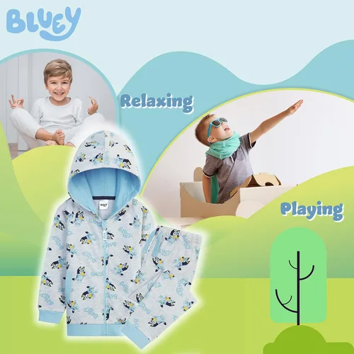 Vista 5 de Bluey Conjunto deportivo para niños y niños pequeños, sudadera con capucha y pantalones deportivos, conjunto de 2 piezas de 18 meses a 5 años