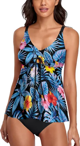 Vista 70 de Omichic Trajes de baño tankini para mujer, de dos piezas, blusa tipo tankini modesta con parte inferior de bikini Negro