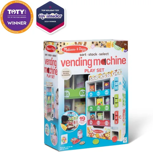 Vista 2 de Melissa & Doug Sort-Stock-Select - Máquina expendedora de madera de juguete con comida para jugar, mini máquina expendedora de juguetes y dinero