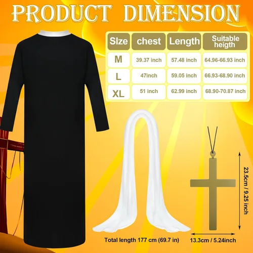 Vista 2 de Jiuguva Disfraz de sacerdote de 3 piezas para hombres adultos, disfraz de sacerdote de Halloween con bata de padre, estola blanca, cruz de monje