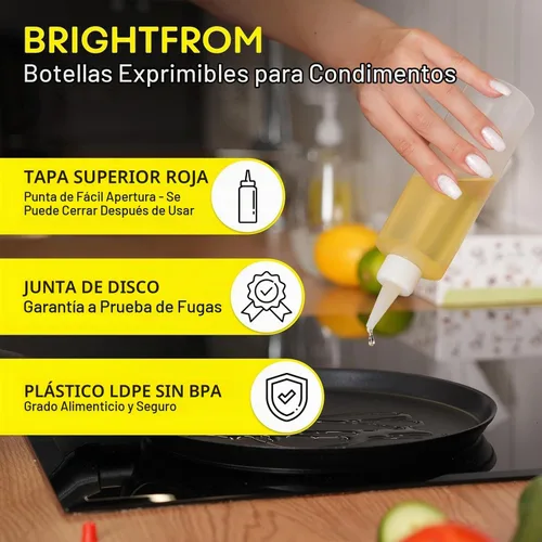 Vista 3 de BRIGHTFROM Botellas exprimibles para condimentos, 8 onzas, tapa superior roja, a prueba de fugas, para salsa de tomate, mostaza, jarabe, salsas