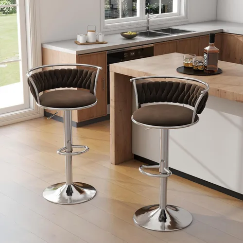 Vista 12 de Juego de 2 taburetes de bar giratorios de 360°, silla de bar de terciopelo ajustable a altura de mostrador moderna, taburete de metal plateado