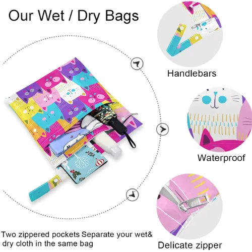 Vista 5 de visesunny Colorido gato - 2 bolsas húmedas con bolsillos con cremallera, lavable, reutilizable, espaciosa para viajes, playa, piscina, guardería