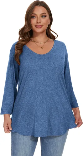 Vista 3 de BELAROI Camiseta básica de manga 34 con cuello en V para mujer, talla grande, holgada, con bolsillo