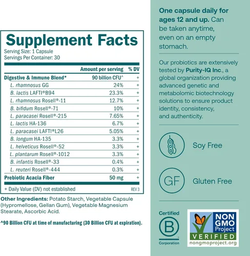 Vista 2 de True Grace One Daily Probiotic - 30 cápsulas vegetarianas - 90 mil millones de UFC - Mezcla de apoyo para la salud intestinal, digestiva e