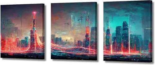 Vista 13 de Cuadros de 3 paneles de Cyberpunk City - Arte de pared de vallas publicitarias de edificios modernos en la capital con obras de arte modernas