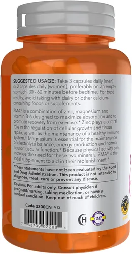 Vista 3 de NOW Foods Nutrición Deportiva, ZMA (Zinc, Magnesio y Vitamina B-6), Absorción Mejorada, Recuperación Deportiva*, 90 Cápsulas