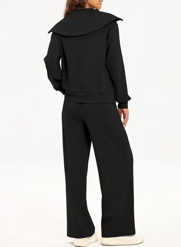 Vista 3 de Aleumdr Conjunto de dos piezas de sudadera con media cremallera para mujer, conjunto a juego con pantalón de pierna ancha