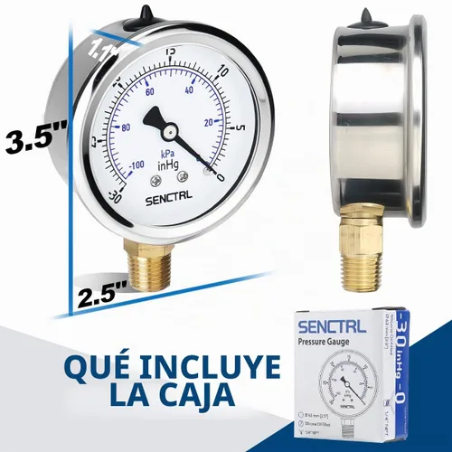 Vista 7 de SENCTRL Medidor de baja presión relleno de líquido de aceite de silicona al vacío de 30 inHg, tamaño de dial de 2.5", montaje inferior NPT de 1/4