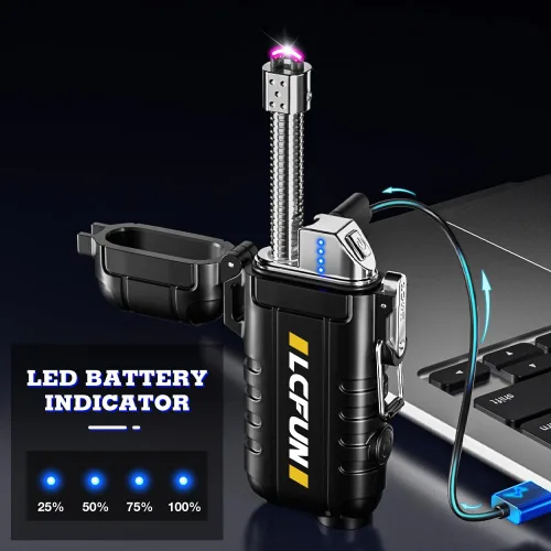 Vista 4 de LcFun Encendedor eléctrico recargable USB C, encendedores de plasma impermeables con pantalla LED de batería, encendedores de arco largo resistente