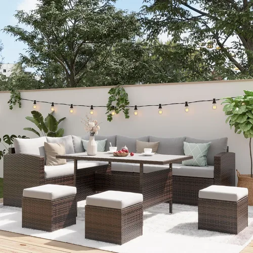 Vista 9 de Wisteria Lane Juego de muebles de patio de 7 piezas, juego de comedor de mimbre con respaldo alto y curvo, para todo tipo de clima, muebles de Gris