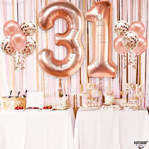 Vista 5 de Katchon, Globo de oro rosa con el número 31 de 40 pulgadas, decoraciones de Globos del número 31, globos del número 3 y 1 con 5 globos de látex