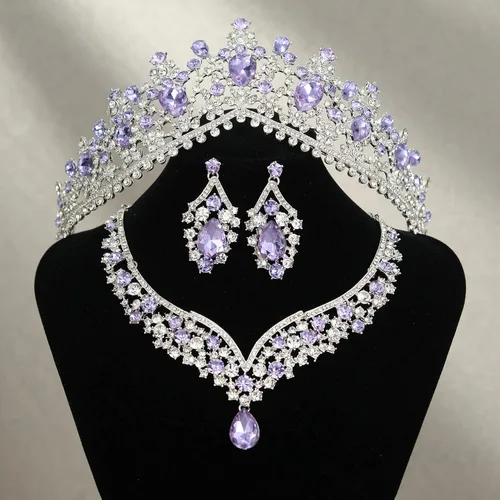 Vista 5 de SWEETV Genesis - Juego de corona de quinceañera de boda para novia, paquete de 3 aretes de tiara, juego de joyas plateadas para novia, disfraz