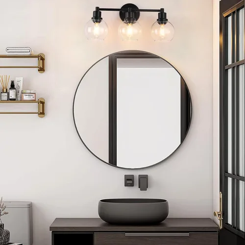 Vista 2 de Lámpara de Tocador de Baño de 3 Luces, Accesorios de Iluminación de Baño Negro con Pantalla de Globo de Vidrio Transparente, Aplique de Pared Negro