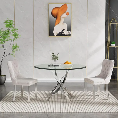 Vista 101 de Juego de mesa de comedor SSLine moderno de 3 piezas con mesa redonda de vidrio para 2, lujosa mesa de comedor circular de 36" con tapa de vidrio