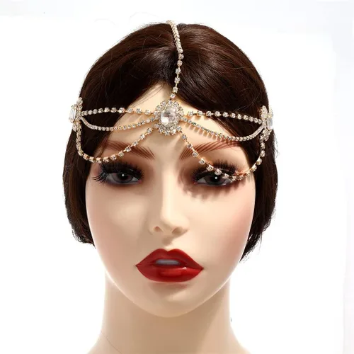 Vista 2 de Cadena de cabeza dorada para mujeres y niñas, tocados de cristal vintage, bohemios, festivales, egipcios, renacentistas, para bodas, bailes, fiestas