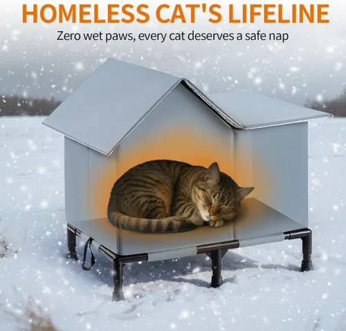 Vista 2 de Casa de gatos al aire libre aislada resistente al agua para invierno refugio para gatos salvajes con fondo elevado diseño auto-calentamiento a
