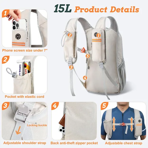 Vista 2 de BECOJADDE - Mochila de senderismo pequeña de 15 L para hombres y mujeres, plegable, ultraligera, para viajes, camping, actividades al aire libre