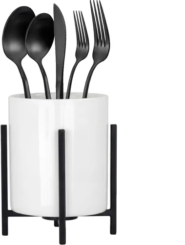 Vista 18 de Organizador de cerámica para cubiertos, soporte redondo para utensilios, soporte para utensilios de cocina para encimera, taza de cerámica con borde