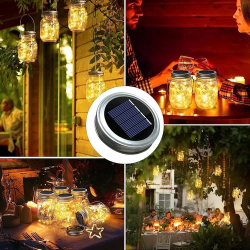 Vista 4 de Paquete de 2 tapas de luz solar para tarros de masón Luces solares impermeables con luces de hadas blancas cálidas, encendido/apagado automático
