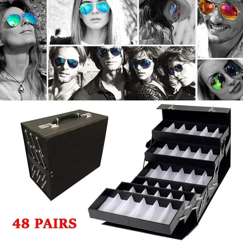 Vista 2 de Organizador de lentes de sol, vitrinas con ranuras para lentes de sol, caja de almacenamiento portátil con cerradura para coleccionista, maleta