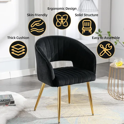 Vista 6 de ABET Juego de 2 sillas de comedor de terciopelo, rayas modernas con patas doradas, color negro