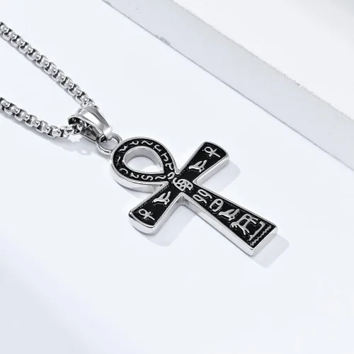 Vista 2 de Collar con colgante de cruz de Ankh copto egipcio antiguo de acero inoxidable para niños, mujeres y hombres, en cadena Rolo de 22 a 24 pulgadas