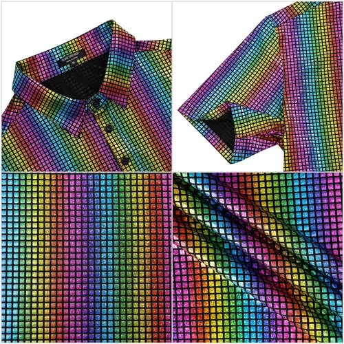Vista 5 de TURETRENDY Camisa de discoteca de los años 70 para hombre, con lentejuelas brillantes, manga corta, para fiesta, polo hipster, discoteca, baile