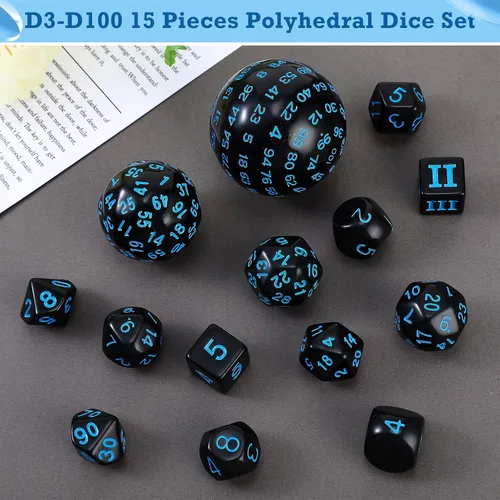 Vista 5 de Civaner Juego completo de 15 dados poliédricos D3-D100 esféricos RPG en negro opaco, 100 lados para juegos de rol, suministros de fiesta