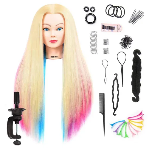 Vista 12 de Headdoll Cabeza de maniquí de 26 a 28 pulgadas, cabeza de maniquí para peinar el cabello y soporte de mesa libre, cabeza de entrenamiento, maniquí
