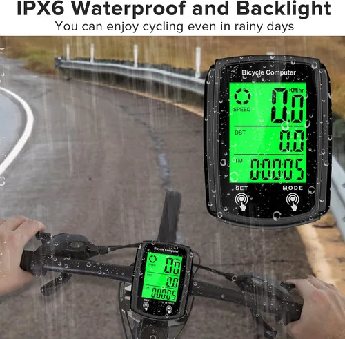 Vista 4 de Computadora de bicicleta y odómetro de bicicleta con cable MPH KM/H Velocímetro de bicicleta con despertador automático de velocidad de ciclismo
