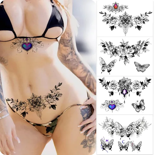 Vista 4 de ROARHOWL Tatuaje temporal sexy para mujer, hermoso y exquisito juego de tatuajes realistas en 3D, mariposa, abdomen, pecho, cintura y espalda