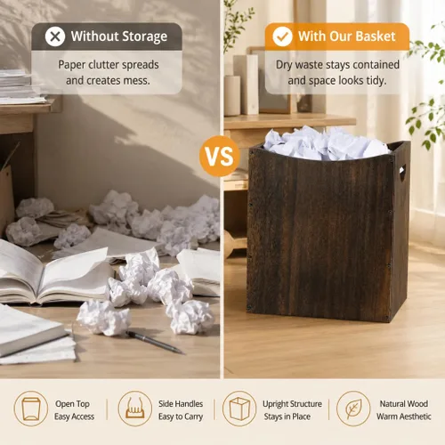 Vista 6 de Vrisa Basurero rectangular de madera de 5.3 galones con asas integradas, pequeño bote de basura para dormitorio, oficina, cocina, baño, debajo