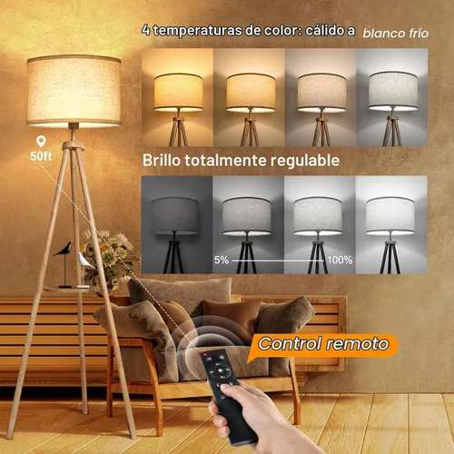 Vista 3 de OUTON - Lámpara de pie con trípode y estantes, lámpara de pie de madera de mediados de siglo regulable con control remoto, 4 temperaturas