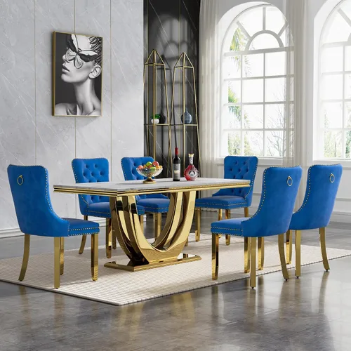 Vista 11 de Mesa de comedor blanca de 68 pulgadas para 4-6, mesa de cocina rectangular moderna con mesa de mármol sintético y base de acero inoxidable plateado