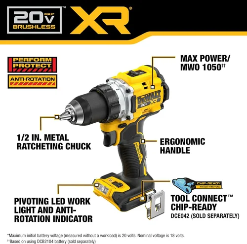 Vista 2 de DEWALT Taladro/destornillador inalámbrico de 1/2 pulgada sin escobillas MAX XR de 20 V (solo herramienta) (DCD801B)