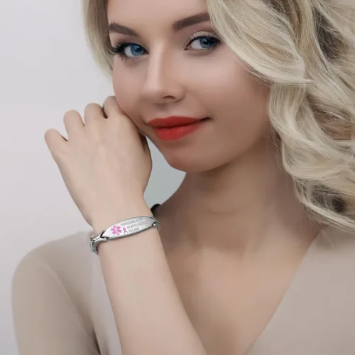 Vista 4 de LinnaLove Lymphedema Alert Bracelets no bp/iv/needles this arm Stainless Steel Medical id Bracelets for Women