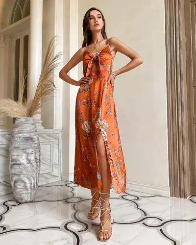Vista 2 de Fashionme - Vestidos de satén, longitud por debajo de la rodilla, con tirantes delgados, para mujer, con lazo frontal, espalda descubierta