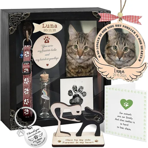 Vista 12 de vinatimes Caja de sombra de regalo conmemorativo para mascotas de 8.6 pulgadas, soporte para collar negro, marco de fotos, kit de tinta de pata