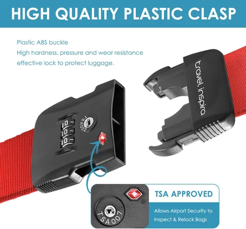 Vista 6 de Travel Inspira - Correa para equipaje con candado de combinación conforme a la TSA, ajustable, fácil de usar, protege tu equipaje - Rojo