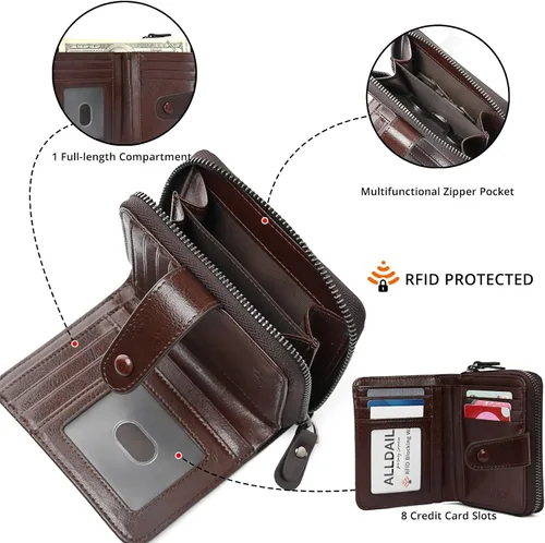 Vista 3 de Carteras pequeñas para mujer, con bloqueo RFID, de cuero, con cremallera, bolsillo para monedas, tarjetero, con ventana de identificación, Café