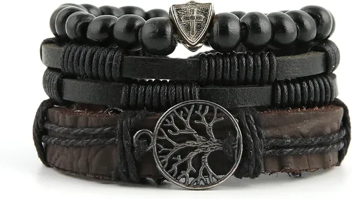 Vista 4 de HZMAN Pulseras de cuero genuino con diseño de árbol de la vida para hombres y mujeres, diseño de ojo de tigre, piedra natural, cuentas de roca
