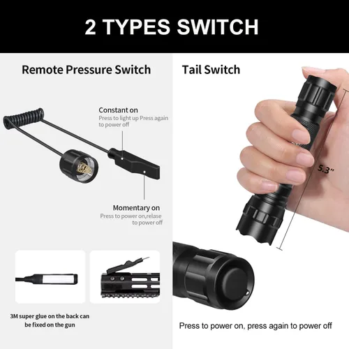 Vista 7 de Linterna táctica recargable súper brillante LED de 2000 lúmenes, luz de arma monomodo, impermeable, linterna de caza de mano, linterna