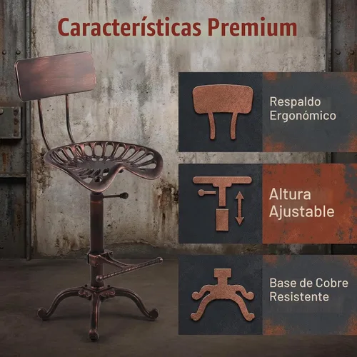 Vista 7 de Silla de respaldo ajustable de metal de diseño industrial Silla de tractor vintage taburete de barra de silla de montar cobre