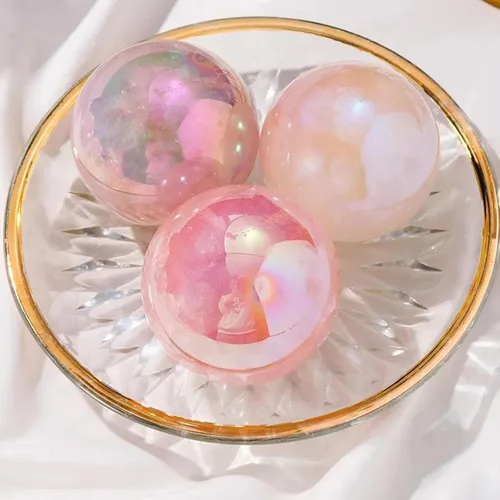 Vista 8 de Angel Aura - Bola de cristal de cuarzo rosa con soporte, escultura de esfera de piedra preciosa pulida de cuarzo rosa rosa natural para exhibición
