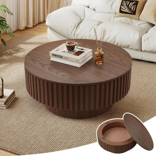 Vista 13 de Mesa de café redonda de 80 cm en madera, mesa de café circular moderna y única, mesa auxiliar contemporánea de roble con forma de tambor y acento